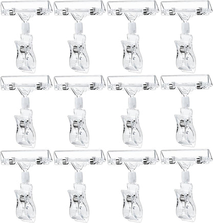 50PCS Clear Sign Clips Holders, Merchandise Sign Clip Rotatable Price Display Rack Acrylic Sign Holder Clip Double Sided Sale Signs Holders for Retail Rack, Baskets or Cards