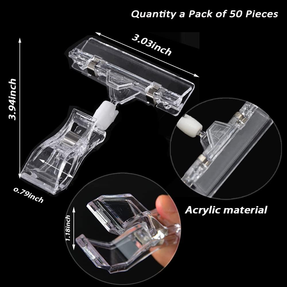 50PCS Clear Sign Clips Holders, Merchandise Sign Clip Rotatable Price Display Rack Acrylic Sign Holder Clip Double Sided Sale Signs Holders for Retail Rack, Baskets or Cards