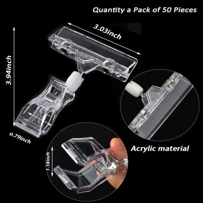 50PCS Clear Sign Clips Holders, Merchandise Sign Clip Rotatable Price Display Rack Acrylic Sign Holder Clip Double Sided Sale Signs Holders for Retail Rack, Baskets or Cards