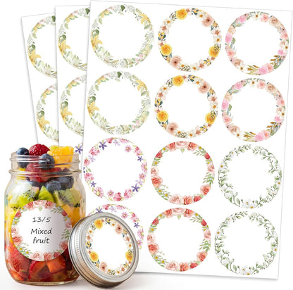 360 Pcs Canning Jar Labels, 2 Inch Floral Round Stickers, Writable | Self-Adhesive, Easy To Write, 6 Floral Designs, For Jars Bottles Meal Prep Pantry Organization