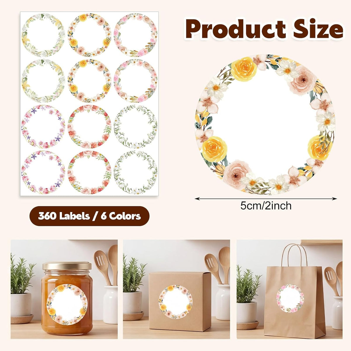360 Pcs Canning Jar Labels, 2 Inch Floral Round Stickers, Writable | Self-Adhesive, Easy To Write, 6 Floral Designs, For Jars Bottles Meal Prep Pantry Organization