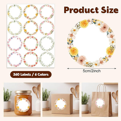 360 Pcs Canning Jar Labels, 2 Inch Floral Round Stickers, Writable | Self-Adhesive, Easy To Write, 6 Floral Designs, For Jars Bottles Meal Prep Pantry Organization