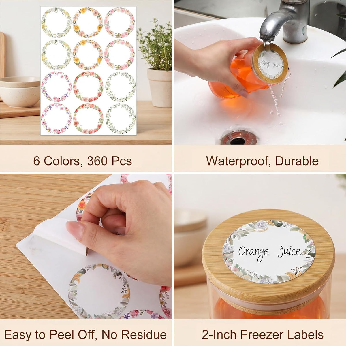 360 Pcs Canning Jar Labels, 2 Inch Floral Round Stickers, Writable | Self-Adhesive, Easy To Write, 6 Floral Designs, For Jars Bottles Meal Prep Pantry Organization