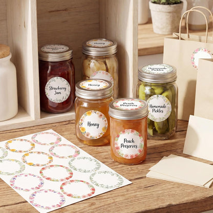 360 Pcs Canning Jar Labels, 2 Inch Floral Round Stickers, Writable | Self-Adhesive, Easy To Write, 6 Floral Designs, For Jars Bottles Meal Prep Pantry Organization