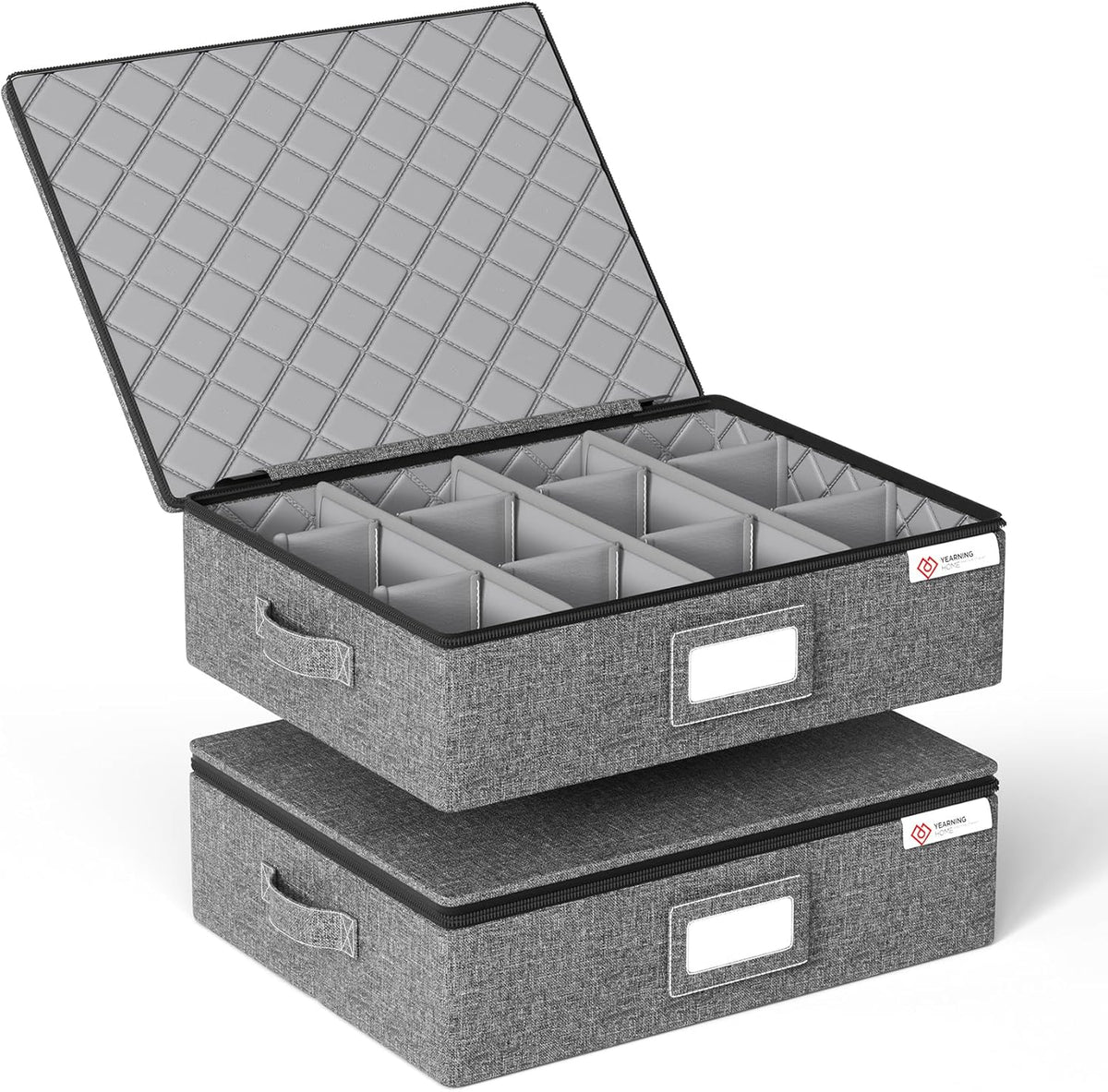 Cup and Mug Storage Box with Hard Shell and Dividers for Coffee Mugs,Tea Cups and Glasses,Stackable Storage Organizers with Lid,Handles,Zips and Label for Moving,Holds 24, Grey