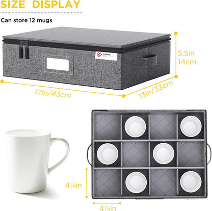 Cup and Mug Storage Box with Hard Shell and Dividers for Coffee Mugs,Tea Cups and Glasses,Stackable Storage Organizers with Lid,Handles,Zips and Label for Moving,Holds 24, Grey