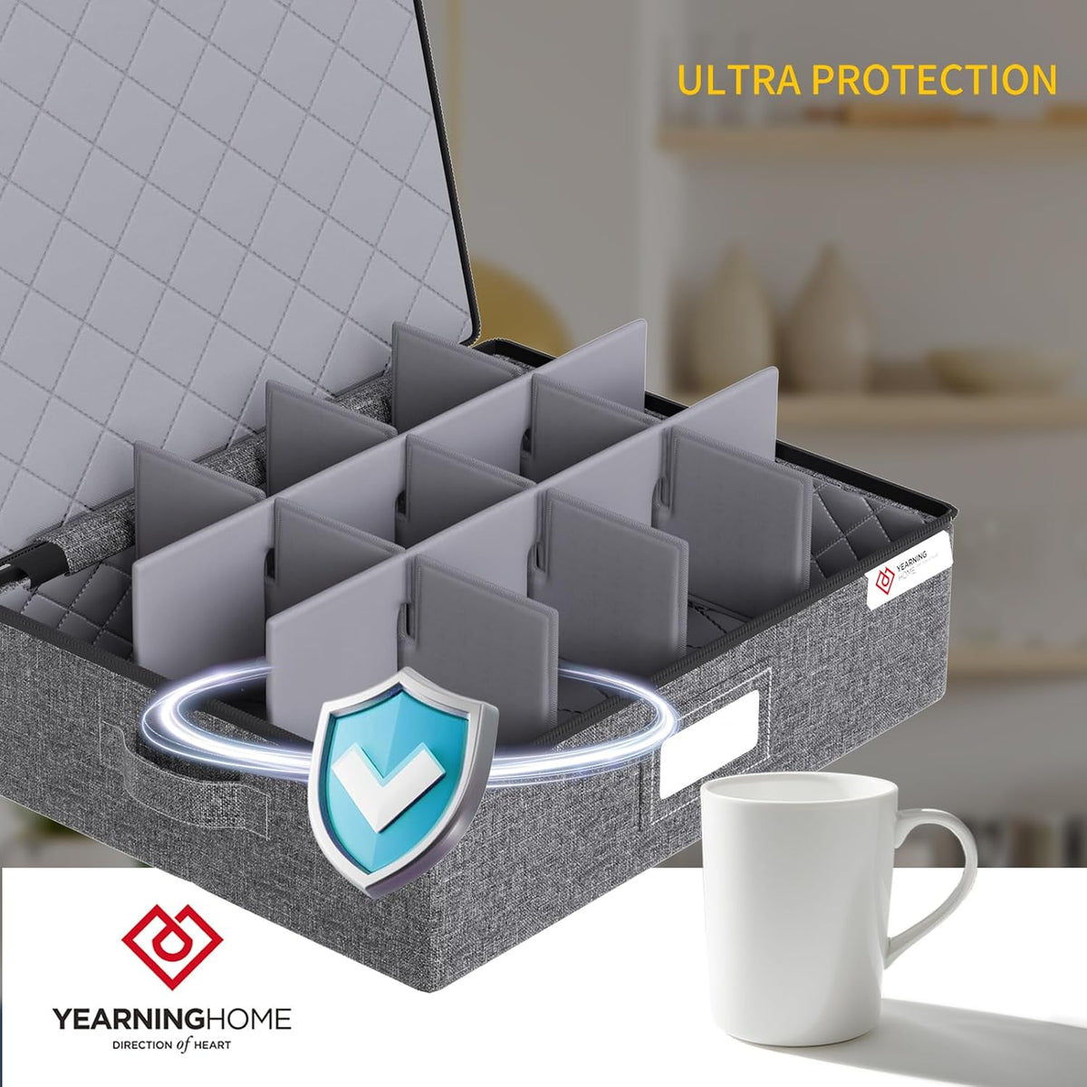 Cup and Mug Storage Box with Hard Shell and Dividers for Coffee Mugs,Tea Cups and Glasses,Stackable Storage Organizers with Lid,Handles,Zips and Label for Moving,Holds 24, Grey