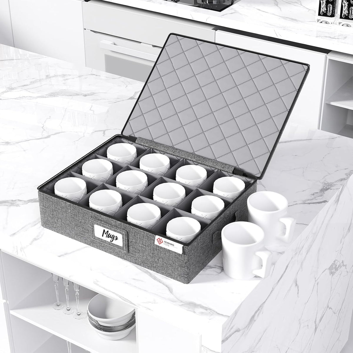 Cup and Mug Storage Box with Hard Shell and Dividers for Coffee Mugs,Tea Cups and Glasses,Stackable Storage Organizers with Lid,Handles,Zips and Label for Moving,Holds 24, Grey