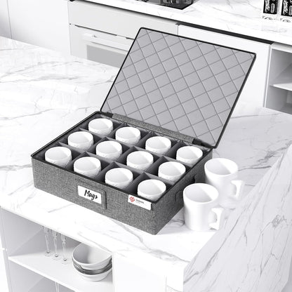 Cup and Mug Storage Box with Hard Shell and Dividers for Coffee Mugs,Tea Cups and Glasses,Stackable Storage Organizers with Lid,Handles,Zips and Label for Moving,Holds 24, Grey