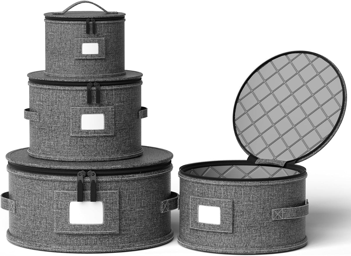 Cup and Mug Storage Box with Hard Shell and Dividers for Coffee Mugs,Tea Cups and Glasses,Stackable Storage Organizers with Lid,Handles,Zips and Label for Moving,Holds 24, Grey