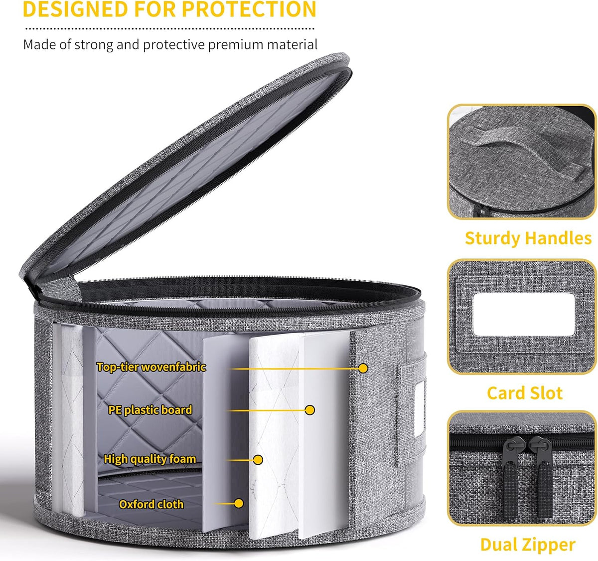 Cup and Mug Storage Box with Hard Shell and Dividers for Coffee Mugs,Tea Cups and Glasses,Stackable Storage Organizers with Lid,Handles,Zips and Label for Moving,Holds 24, Grey