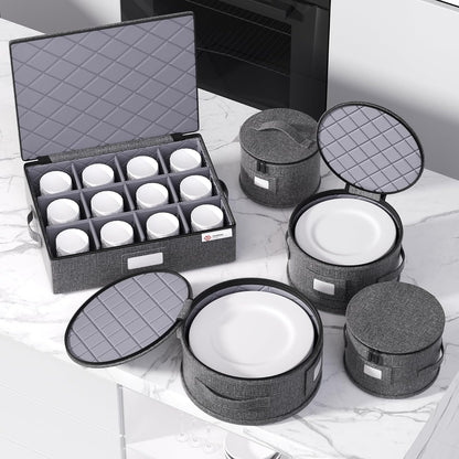 Cup and Mug Storage Box with Hard Shell and Dividers for Coffee Mugs,Tea Cups and Glasses,Stackable Storage Organizers with Lid,Handles,Zips and Label for Moving,Holds 24, Grey