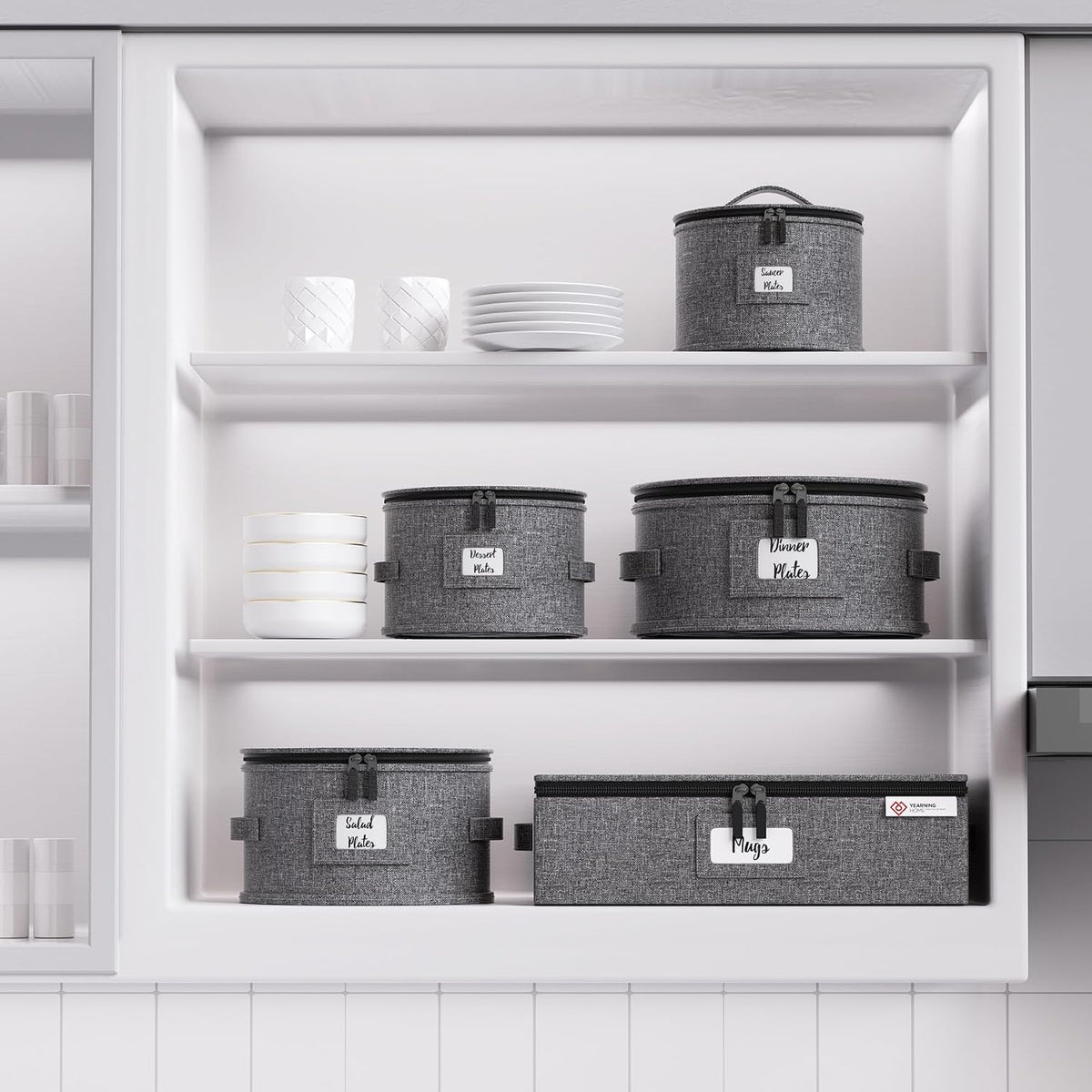Cup and Mug Storage Box with Hard Shell and Dividers for Coffee Mugs,Tea Cups and Glasses,Stackable Storage Organizers with Lid,Handles,Zips and Label for Moving,Holds 24, Grey