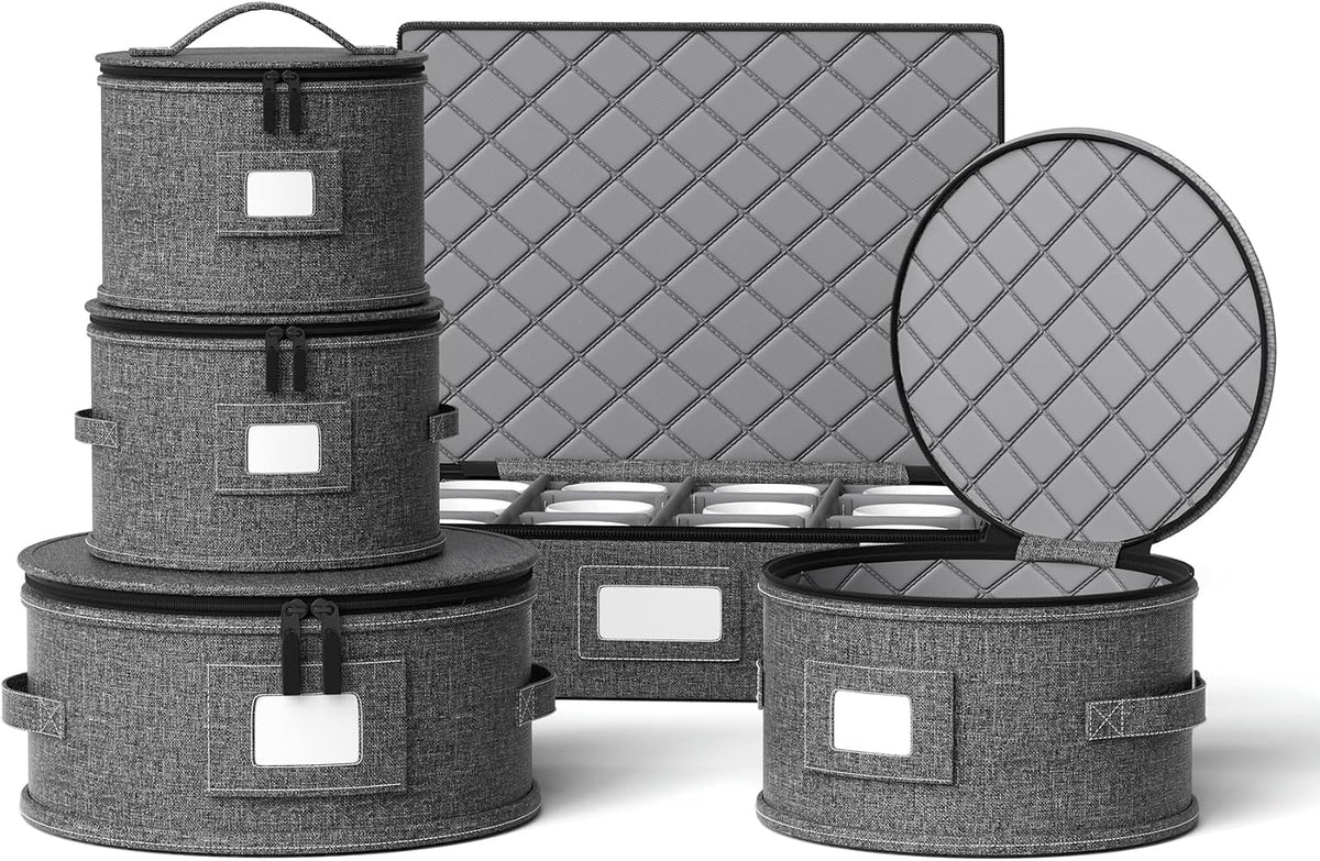 Cup and Mug Storage Box with Hard Shell and Dividers for Coffee Mugs,Tea Cups and Glasses,Stackable Storage Organizers with Lid,Handles,Zips and Label for Moving,Holds 24, Grey
