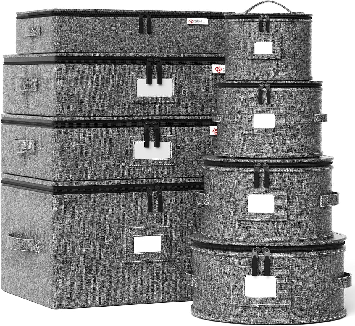 Cup and Mug Storage Box with Hard Shell and Dividers for Coffee Mugs,Tea Cups and Glasses,Stackable Storage Organizers with Lid,Handles,Zips and Label for Moving,Holds 24, Grey