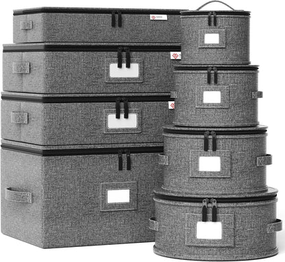 Cup and Mug Storage Box with Hard Shell and Dividers for Coffee Mugs,Tea Cups and Glasses,Stackable Storage Organizers with Lid,Handles,Zips and Label for Moving,Holds 24, Grey