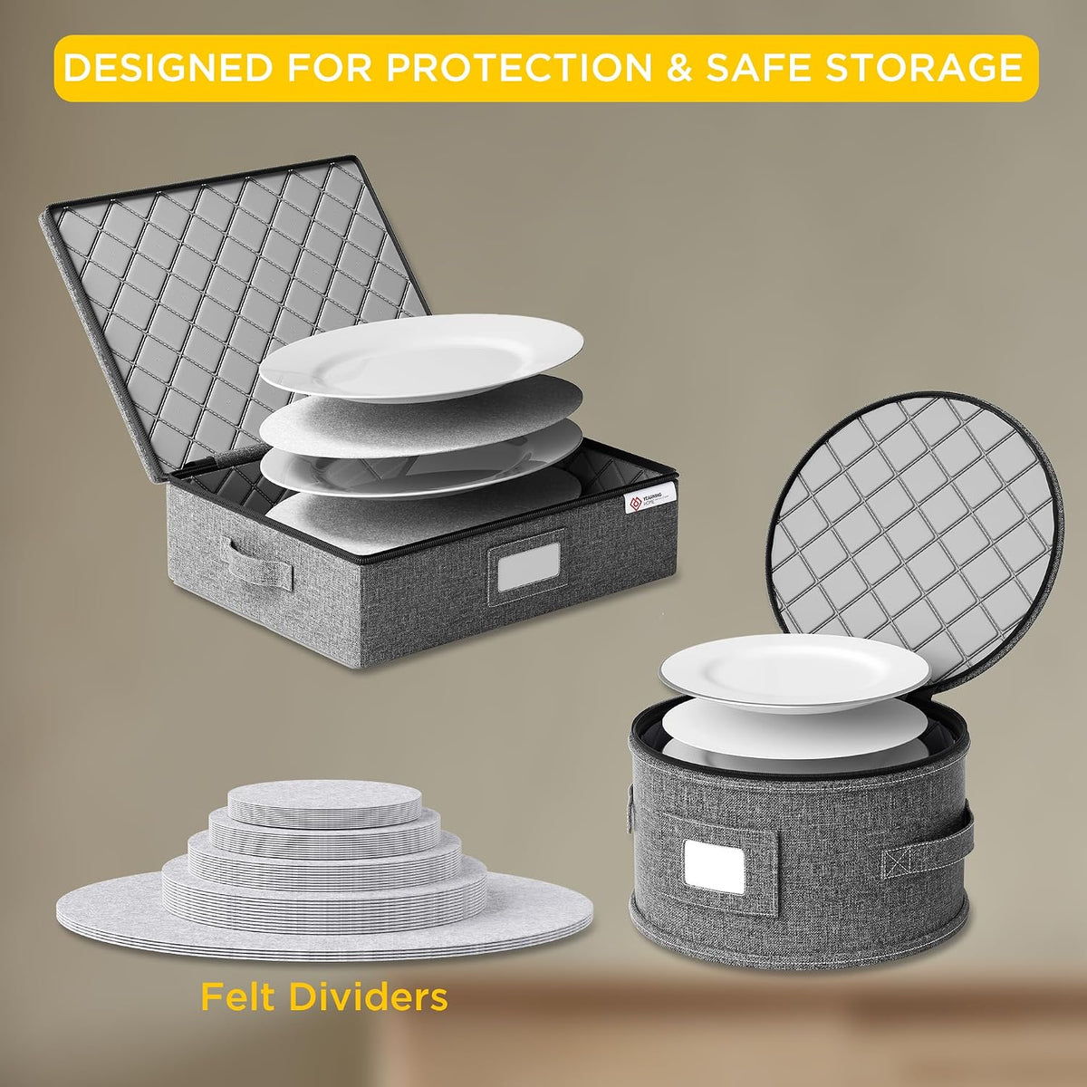 Cup and Mug Storage Box with Hard Shell and Dividers for Coffee Mugs,Tea Cups and Glasses,Stackable Storage Organizers with Lid,Handles,Zips and Label for Moving,Holds 24, Grey