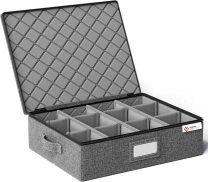 Cup and Mug Storage Box with Hard Shell and Dividers for Coffee Mugs,Tea Cups and Glasses,Stackable Storage Organizers with Lid,Handles,Zips and Label for Moving,Holds 24, Grey