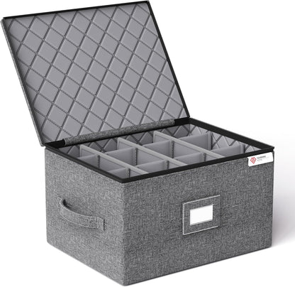 Cup and Mug Storage Box with Hard Shell and Dividers for Coffee Mugs,Tea Cups and Glasses,Stackable Storage Organizers with Lid,Handles,Zips and Label for Moving,Holds 24, Grey