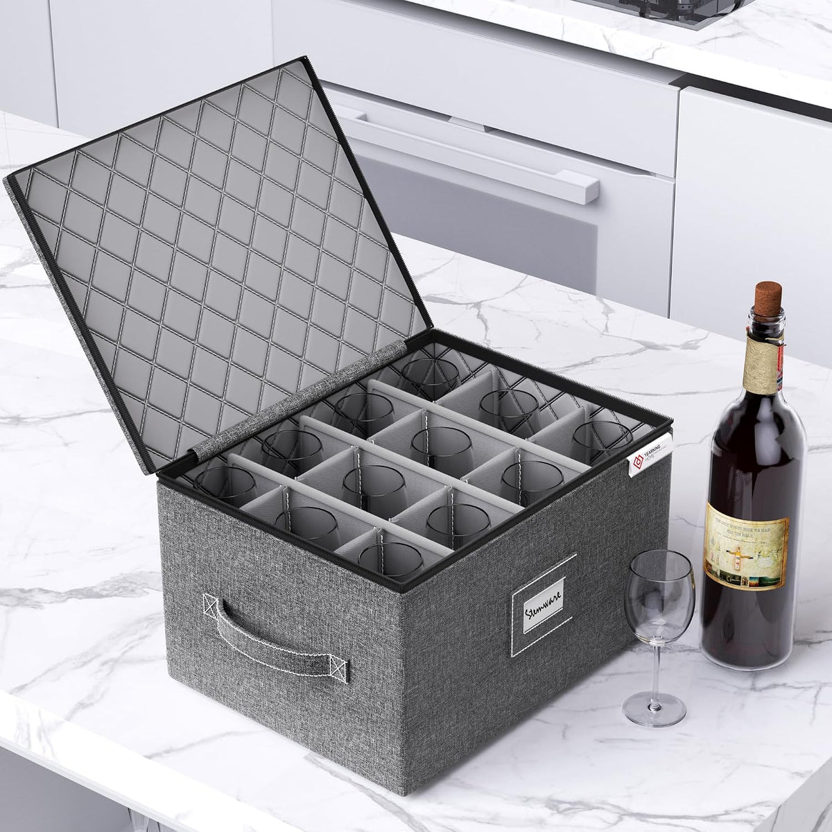 Cup and Mug Storage Box with Hard Shell and Dividers for Coffee Mugs,Tea Cups and Glasses,Stackable Storage Organizers with Lid,Handles,Zips and Label for Moving,Holds 24, Grey