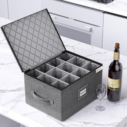 Cup and Mug Storage Box with Hard Shell and Dividers for Coffee Mugs,Tea Cups and Glasses,Stackable Storage Organizers with Lid,Handles,Zips and Label for Moving,Holds 24, Grey