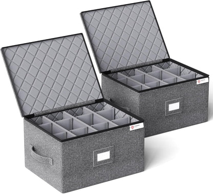 Cup and Mug Storage Box with Hard Shell and Dividers for Coffee Mugs,Tea Cups and Glasses,Stackable Storage Organizers with Lid,Handles,Zips and Label for Moving,Holds 24, Grey