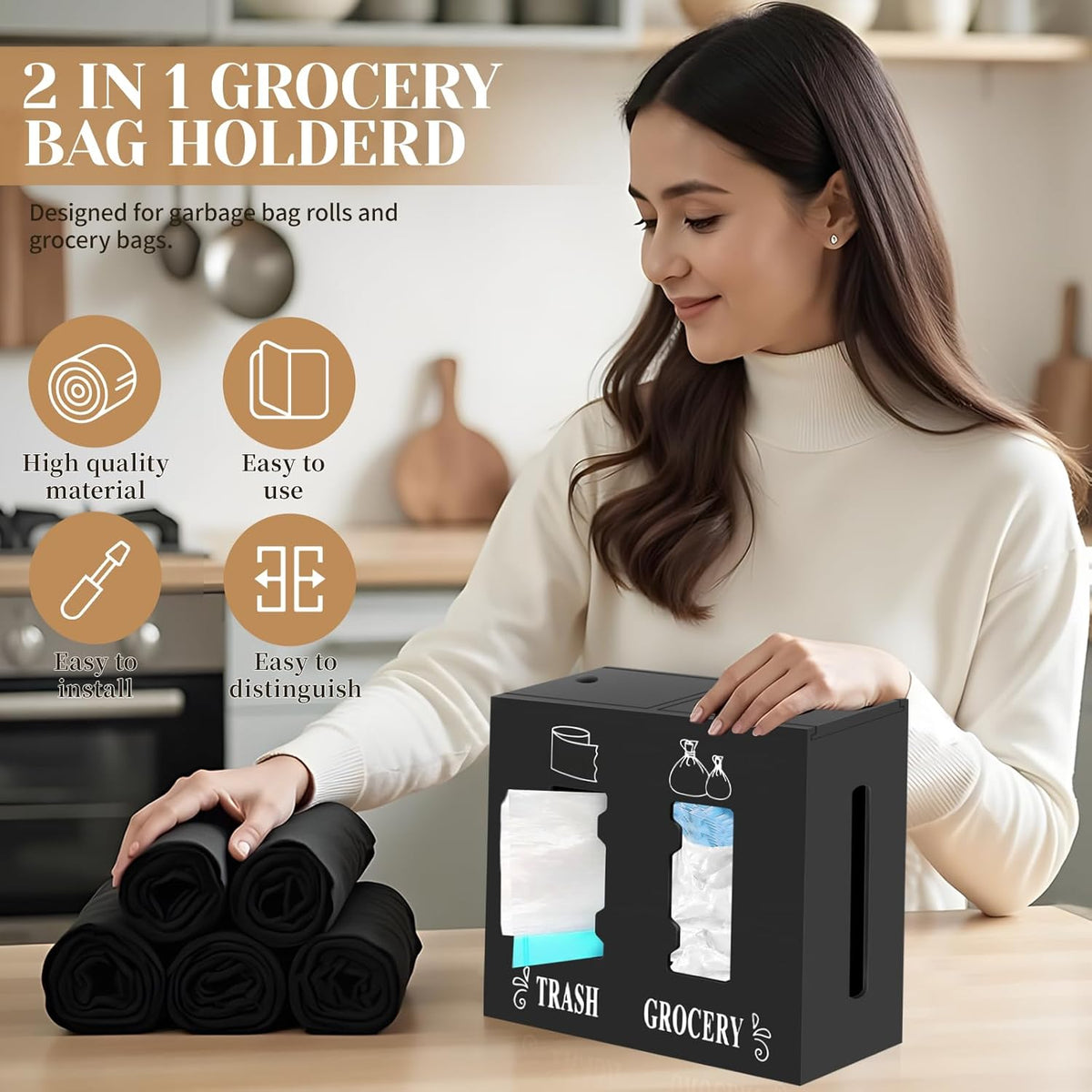 2 in 1 Trash Bag Dispenser and Grocery Bag Holder, Large Wooden Trash Bag Holder,Trash Bag Dispenser for Grocery Bags and Plastic Bags,Kitchen Cabinet Under Sink Organizers and Storage