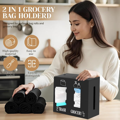 2 in 1 Trash Bag Dispenser and Grocery Bag Holder, Large Wooden Trash Bag Holder,Trash Bag Dispenser for Grocery Bags and Plastic Bags,Kitchen Cabinet Under Sink Organizers and Storage