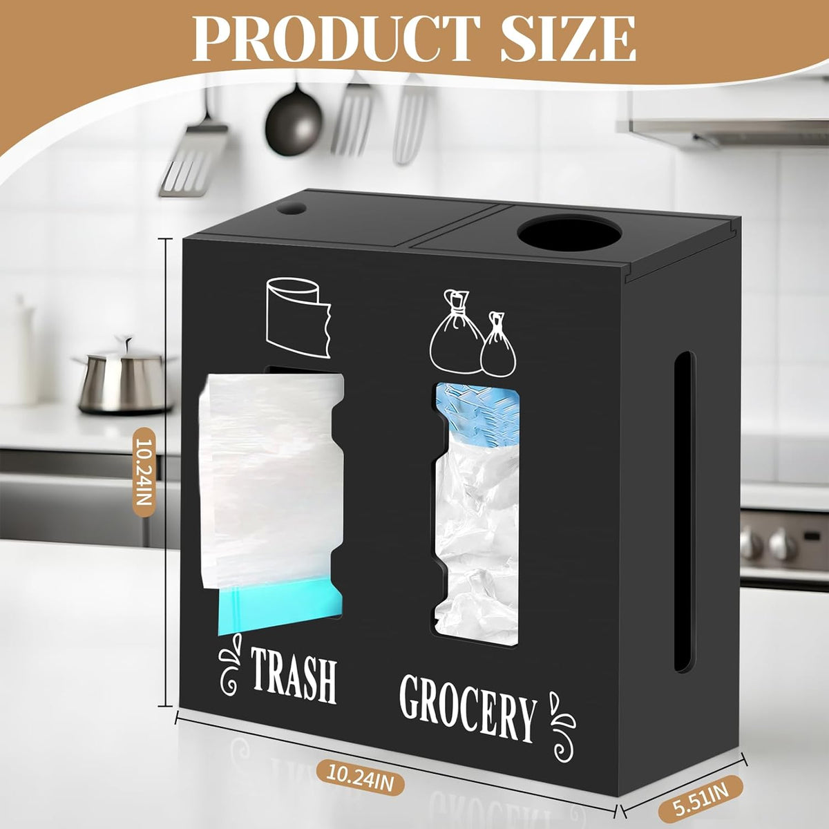 2 in 1 Trash Bag Dispenser and Grocery Bag Holder, Large Wooden Trash Bag Holder,Trash Bag Dispenser for Grocery Bags and Plastic Bags,Kitchen Cabinet Under Sink Organizers and Storage
