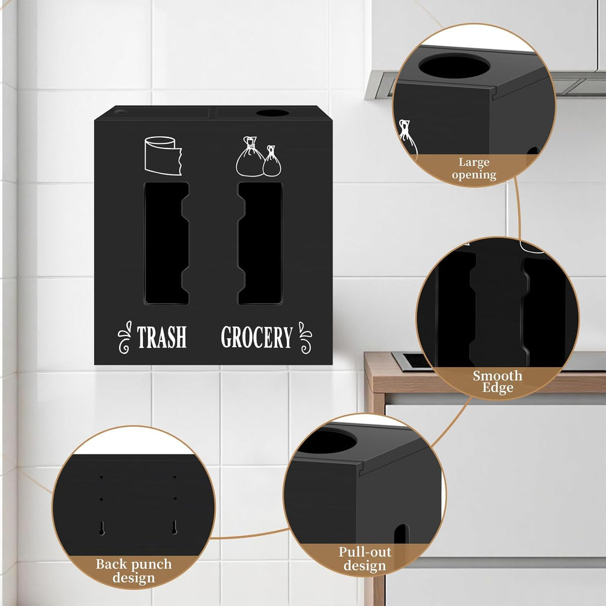 2 in 1 Trash Bag Dispenser and Grocery Bag Holder, Large Wooden Trash Bag Holder,Trash Bag Dispenser for Grocery Bags and Plastic Bags,Kitchen Cabinet Under Sink Organizers and Storage