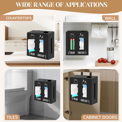 2 in 1 Trash Bag Dispenser and Grocery Bag Holder, Large Wooden Trash Bag Holder,Trash Bag Dispenser for Grocery Bags and Plastic Bags,Kitchen Cabinet Under Sink Organizers and Storage