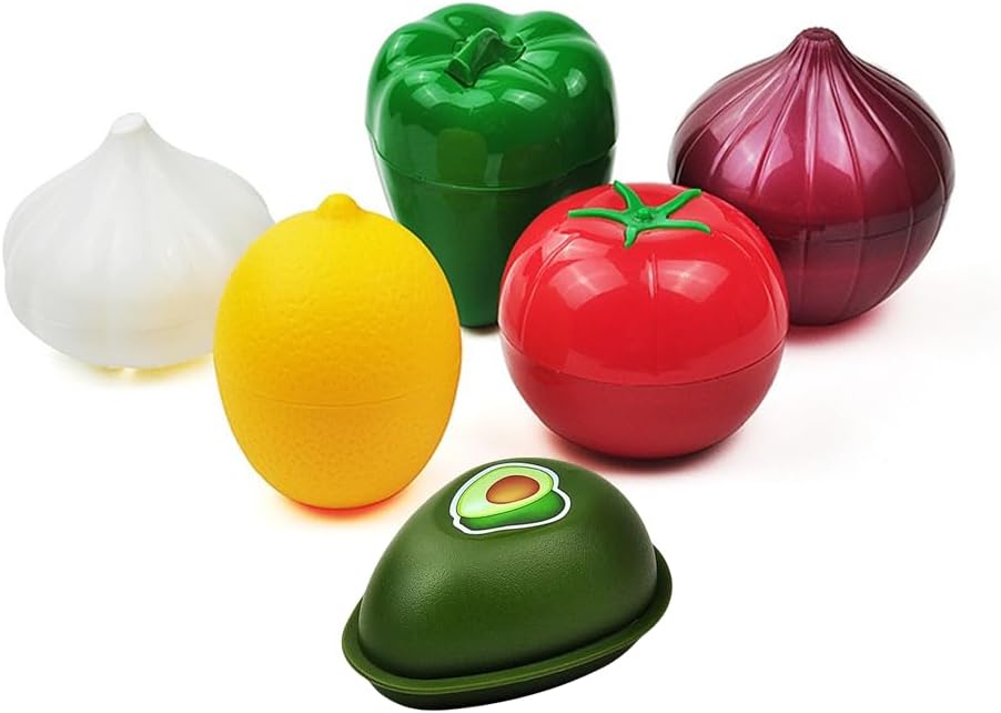 6PCS Fruit and Vegetable Shaped Food Saver Reusable Sealed Crisper For Pepper Saver, Avocado Onion Garlic Tomato and Lemon Keeper,Refrigerator Vegetable Crisper Food Storage Containers Holder