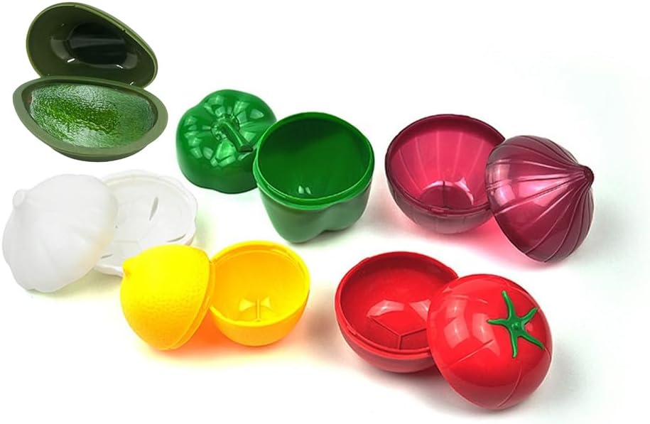 6PCS Fruit and Vegetable Shaped Food Saver Reusable Sealed Crisper For Pepper Saver, Avocado Onion Garlic Tomato and Lemon Keeper,Refrigerator Vegetable Crisper Food Storage Containers Holder