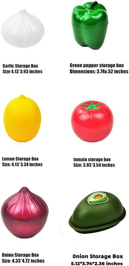 6PCS Fruit and Vegetable Shaped Food Saver Reusable Sealed Crisper For Pepper Saver, Avocado Onion Garlic Tomato and Lemon Keeper,Refrigerator Vegetable Crisper Food Storage Containers Holder
