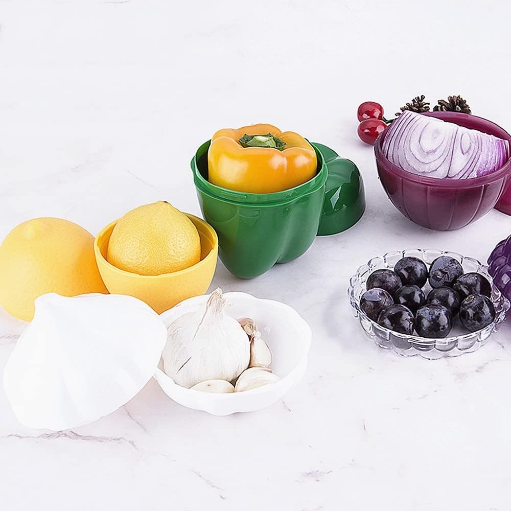 6PCS Fruit and Vegetable Shaped Food Saver Reusable Sealed Crisper For Pepper Saver, Avocado Onion Garlic Tomato and Lemon Keeper,Refrigerator Vegetable Crisper Food Storage Containers Holder