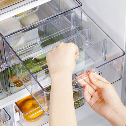 Set of 3 Stackable Refrigerator Organizer Bins Pull-Out Drawers for Fruit and Veggies Divided Storage Organizer for Fridge Clear Drawer Containers with Handle for Produce Saver, Eggs, Snack