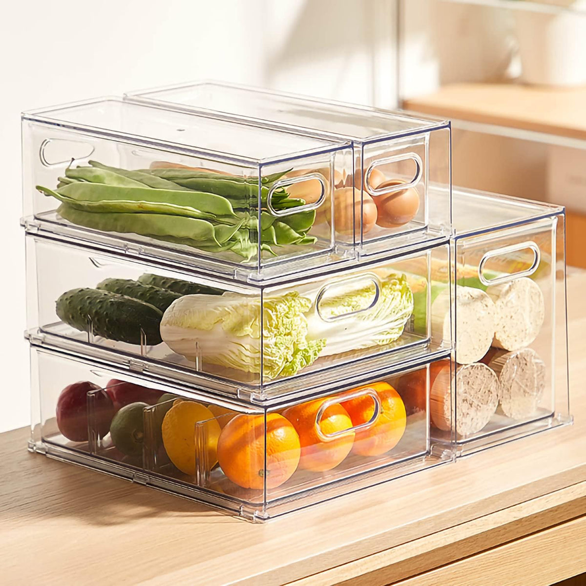 Set of 3 Stackable Refrigerator Organizer Bins Pull-Out Drawers for Fruit and Veggies Divided Storage Organizer for Fridge Clear Drawer Containers with Handle for Produce Saver, Eggs, Snack