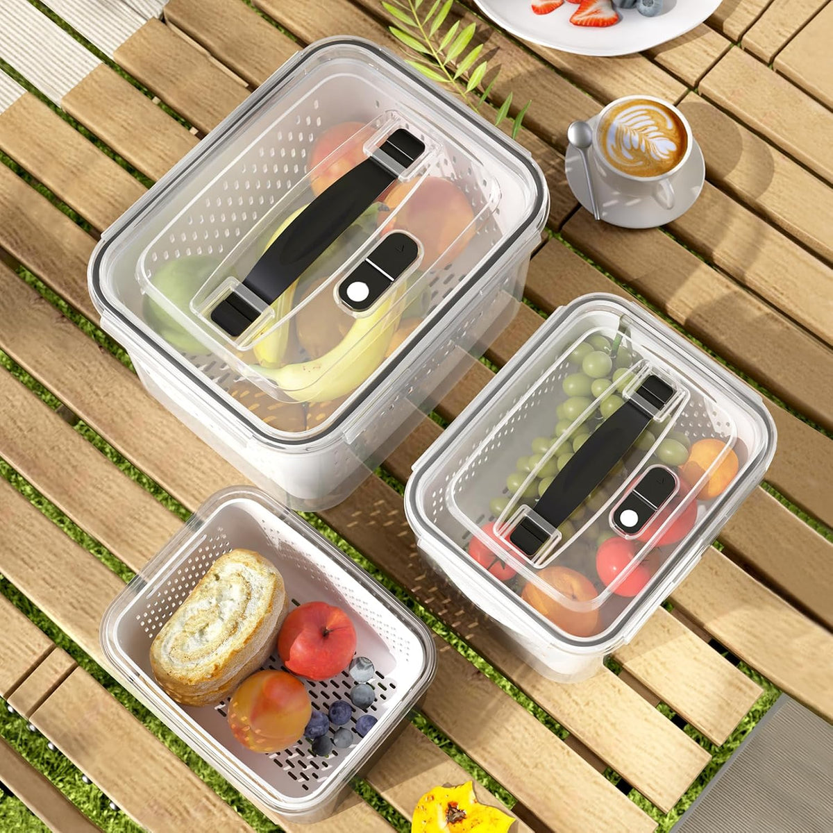 Fridge Food Storage Container Set with Lids with Strainer, Fruit Vegetable Storage Containers Keep Fruits, Vegetables, Berry, Meat Fresh longer, BPA-Free Plastic Produce Keepers
