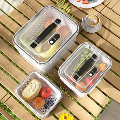 Fridge Food Storage Container Set with Lids with Strainer, Fruit Vegetable Storage Containers Keep Fruits, Vegetables, Berry, Meat Fresh longer, BPA-Free Plastic Produce Keepers