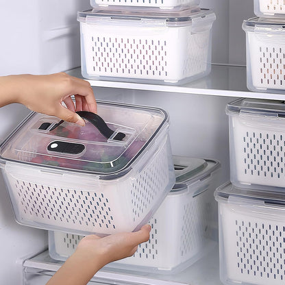 Fridge Food Storage Container Set with Lids with Strainer, Fruit Vegetable Storage Containers Keep Fruits, Vegetables, Berry, Meat Fresh longer, BPA-Free Plastic Produce Keepers