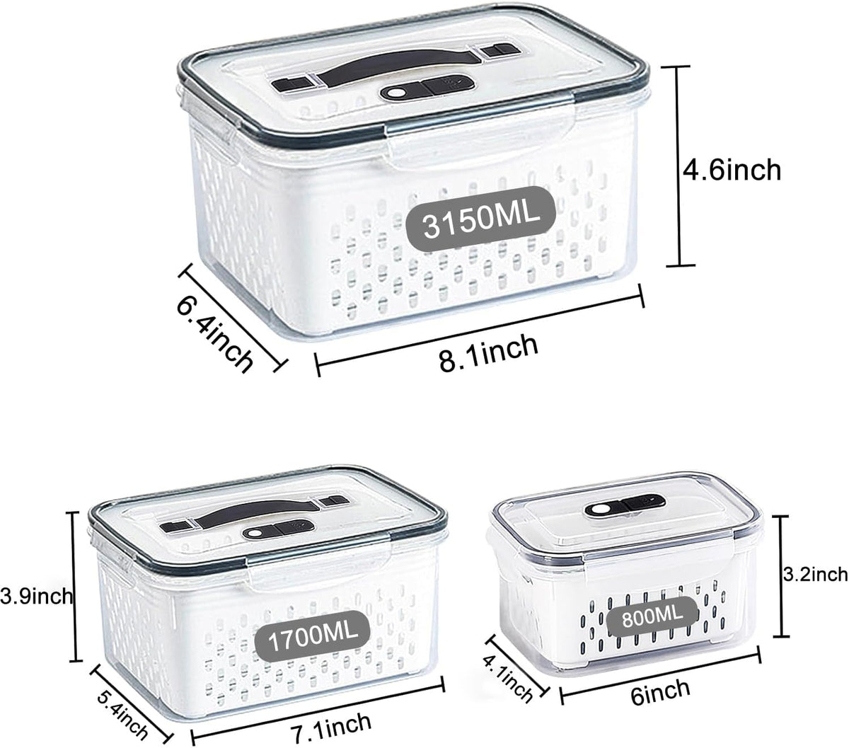 Fridge Food Storage Container Set with Lids with Strainer, Fruit Vegetable Storage Containers Keep Fruits, Vegetables, Berry, Meat Fresh longer, BPA-Free Plastic Produce Keepers