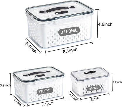 Fridge Food Storage Container Set with Lids with Strainer, Fruit Vegetable Storage Containers Keep Fruits, Vegetables, Berry, Meat Fresh longer, BPA-Free Plastic Produce Keepers