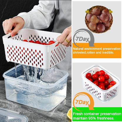 Fridge Food Storage Container Set with Lids with Strainer, Fruit Vegetable Storage Containers Keep Fruits, Vegetables, Berry, Meat Fresh longer, BPA-Free Plastic Produce Keepers