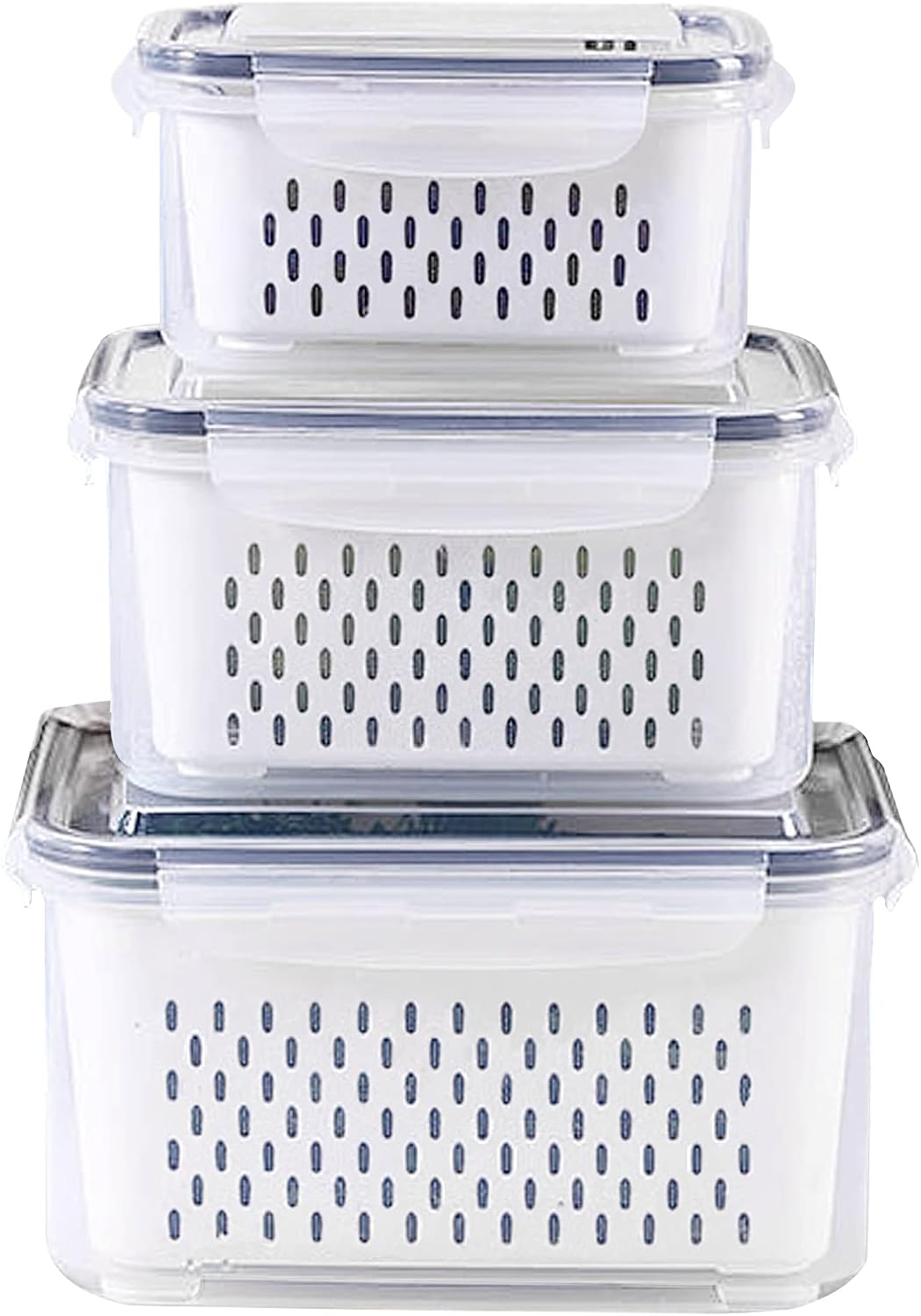 Fridge Food Storage Container Set with Lids with Strainer, Fruit Vegetable Storage Containers Keep Fruits, Vegetables, Berry, Meat Fresh longer, BPA-Free Plastic Produce Keepers