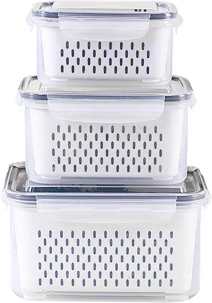 Fridge Food Storage Container Set with Lids with Strainer, Fruit Vegetable Storage Containers Keep Fruits, Vegetables, Berry, Meat Fresh longer, BPA-Free Plastic Produce Keepers
