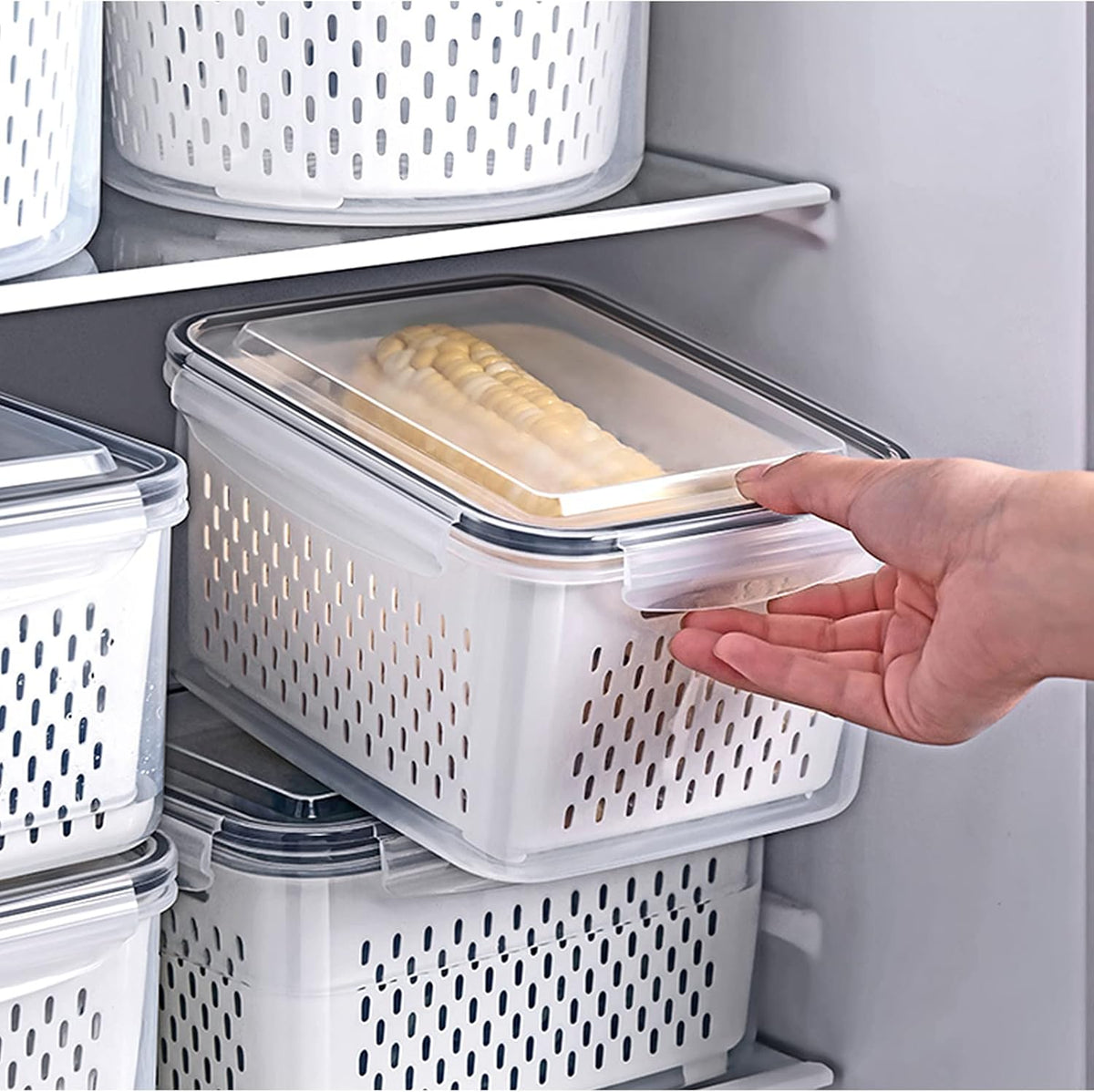 Fridge Food Storage Container Set with Lids with Strainer, Fruit Vegetable Storage Containers Keep Fruits, Vegetables, Berry, Meat Fresh longer, BPA-Free Plastic Produce Keepers