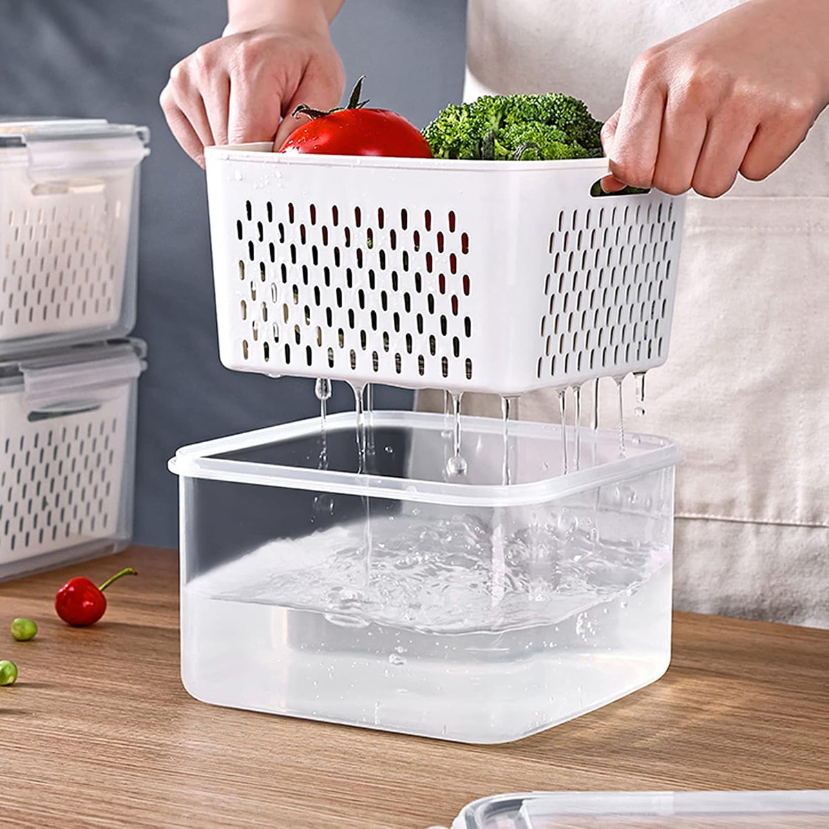 Fridge Food Storage Container Set with Lids with Strainer, Fruit Vegetable Storage Containers Keep Fruits, Vegetables, Berry, Meat Fresh longer, BPA-Free Plastic Produce Keepers