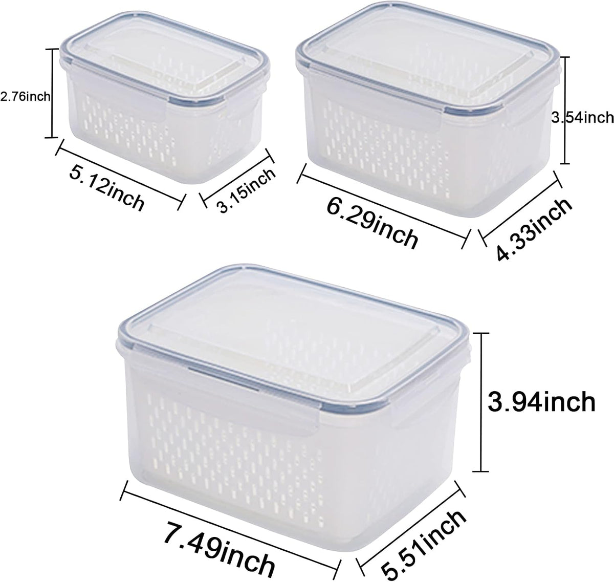 Fridge Food Storage Container Set with Lids with Strainer, Fruit Vegetable Storage Containers Keep Fruits, Vegetables, Berry, Meat Fresh longer, BPA-Free Plastic Produce Keepers