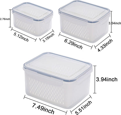 Fridge Food Storage Container Set with Lids with Strainer, Fruit Vegetable Storage Containers Keep Fruits, Vegetables, Berry, Meat Fresh longer, BPA-Free Plastic Produce Keepers