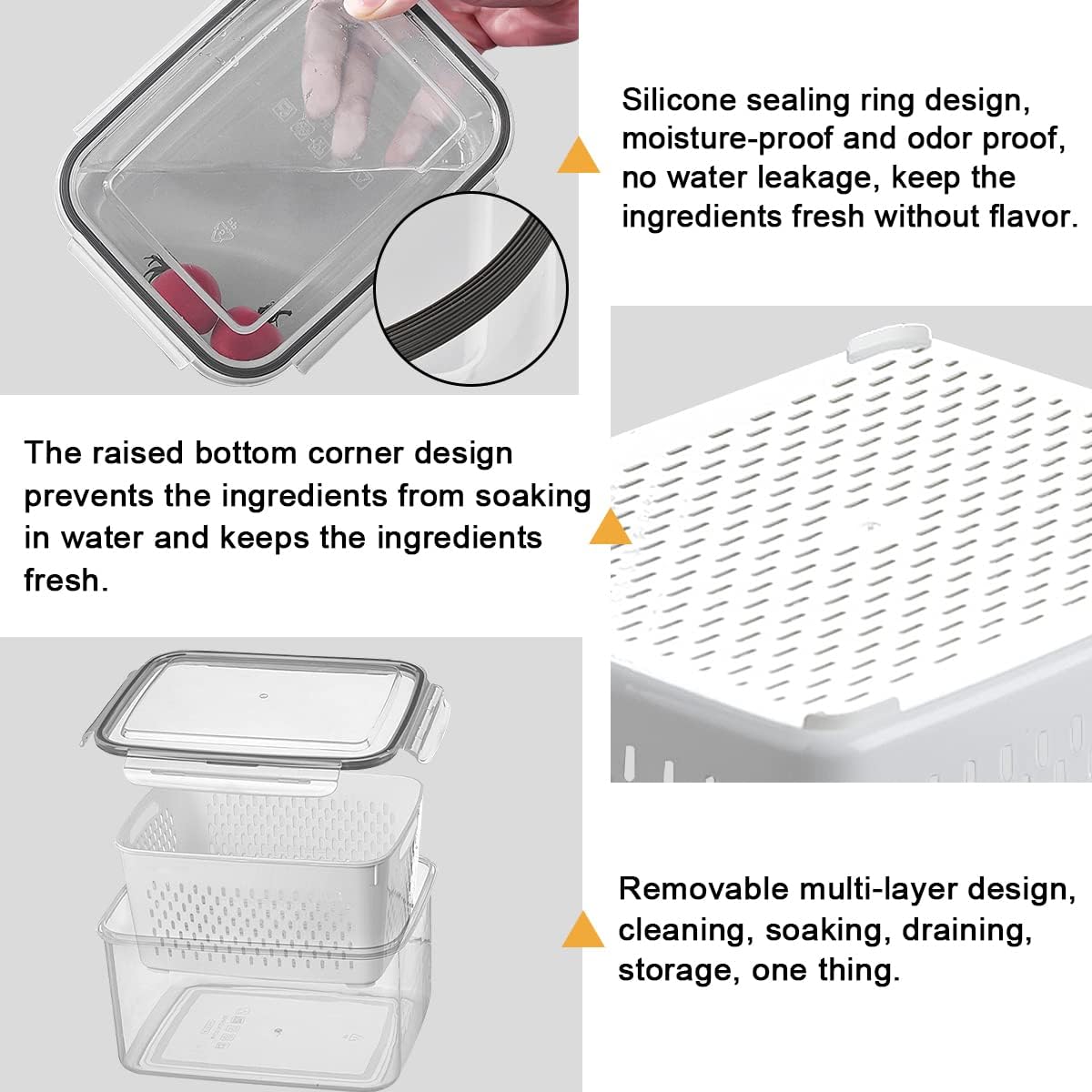 Fridge Food Storage Container Set with Lids with Strainer, Fruit Vegetable Storage Containers Keep Fruits, Vegetables, Berry, Meat Fresh longer, BPA-Free Plastic Produce Keepers